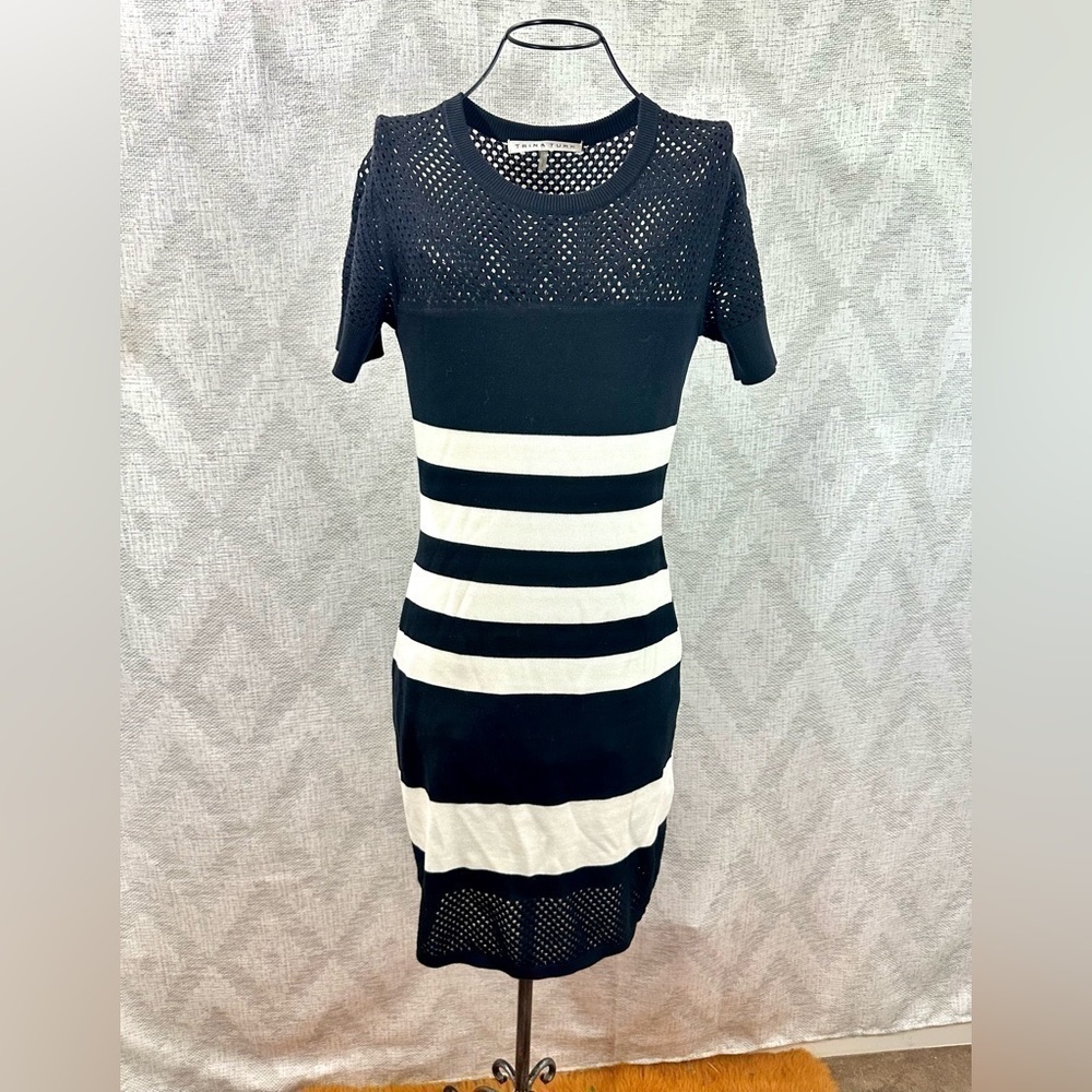 Trina Turk black & white striped bodycon dress size S